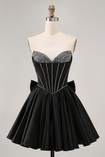 Black A-Line Strapless Beaded Short Homecoming Dress with Bow